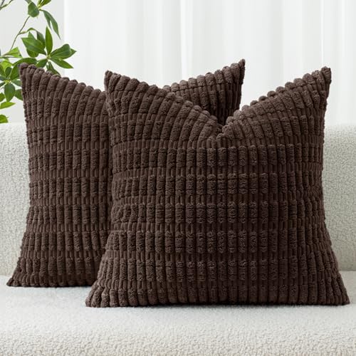 MIULEE Corduroy Throw Pillow Covers 18x18 Inch, Dark Brown Set of 2