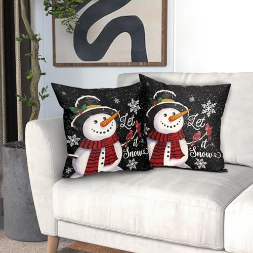 Christmas Black Pillow Covers 18x18 Inch Snowman Snowflake Set of 2 - Holiday Home Decor