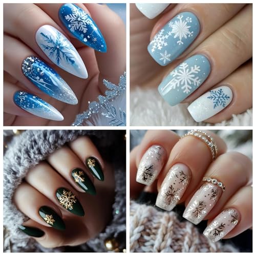 Snowflake Nail Art Stickers 6 Sheets – Gold White Blue 3D Decals for Winter Holidays