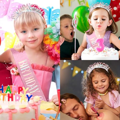 COCIDE Pink Glitter Birthday Girl Headband and Sash Set Tiara Gift
