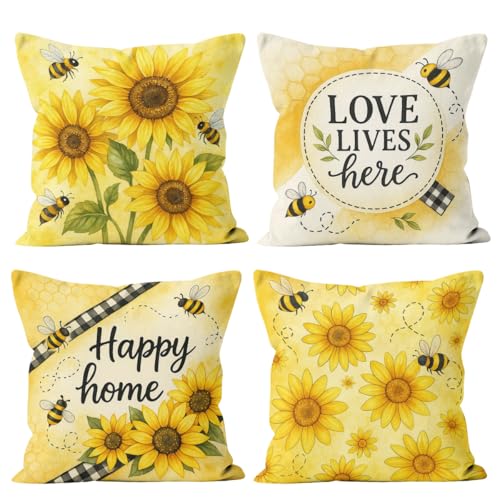 Sunflower Pillow Covers 18x18 inch Set of 4 - Yellow Floral Sofa Decor