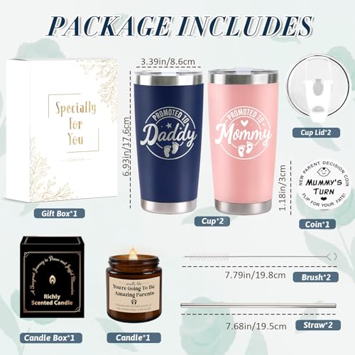 First Time Parents Gift Set - Pink & Navy Blue Insulated Tumblers with Candle & Accessories