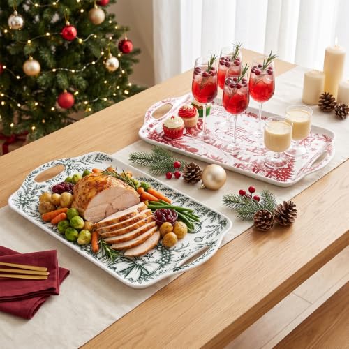 Christmas Serving Trays with Handles - Vintage Red & Green Set of 2, 19 x 11.6 Inch Melamine Platters with Silicone Mats