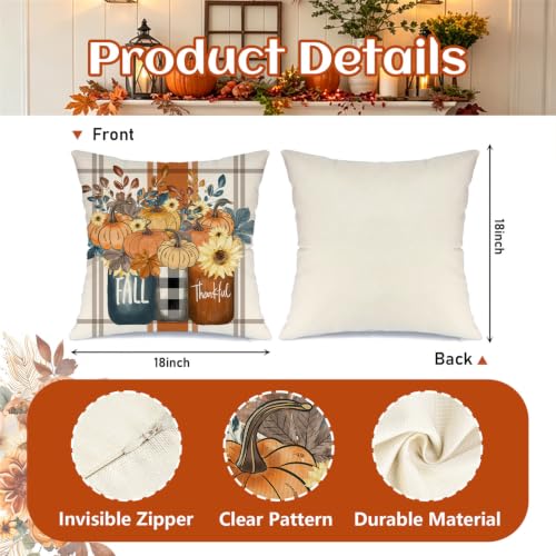 Fall Throw Pillow Covers 18x18, Set of 4 Autumn Pumpkin Harvest Cushion Cases