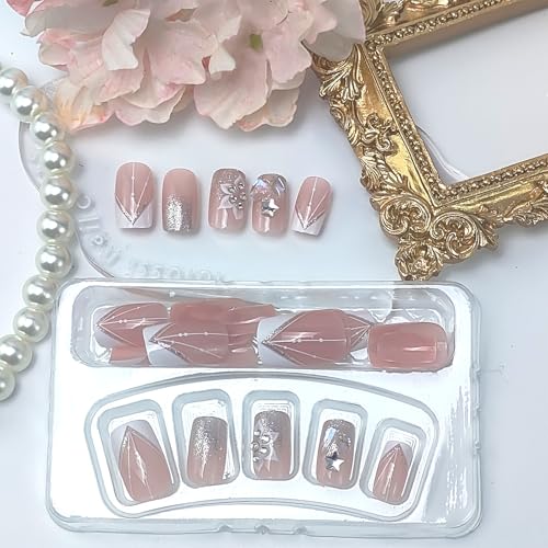 Flower Press On Nails Medium Square White French Tip Fake Nails with 3D Rhinestones