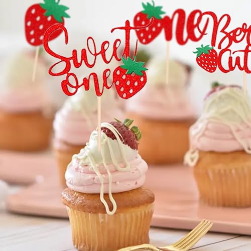 Glitter Strawberry 1st Birthday Cupcake Toppers - 12 Pcs Sweet One Party Supplies