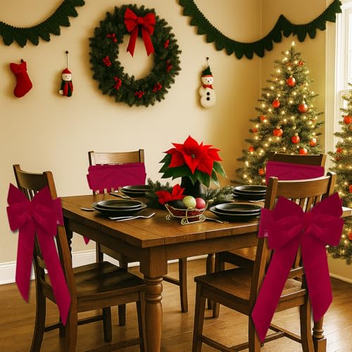 Christmas Velvet Chair Sashes - Red Bow Set of 8 - 15.7x23.6 Inches with Elastic Bands - Holiday Party Decor