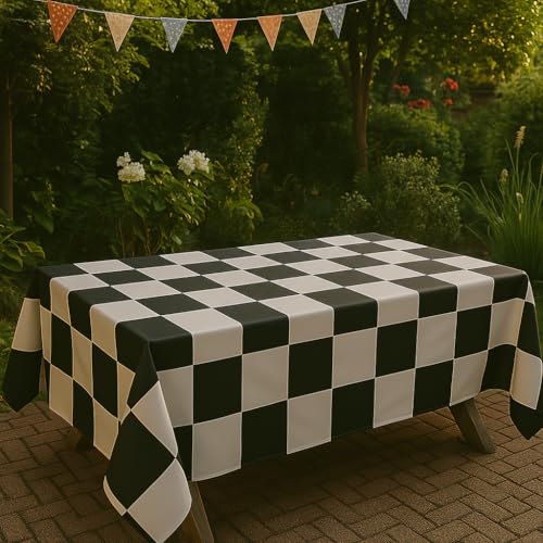 BRALEO Black and White Checkered Tablecloth, 55" x 98" PVC Party Table Cover