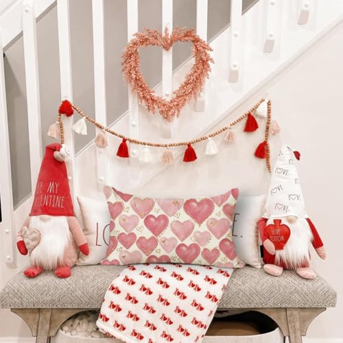 RABUSOFA Pink Heart Lumbar Pillow Cover 12x20 - Valentine's Day Decor