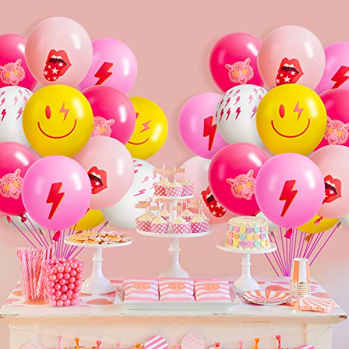 50Pcs Hot Pink Y2K Party Balloons with Smile Faces & Lightning