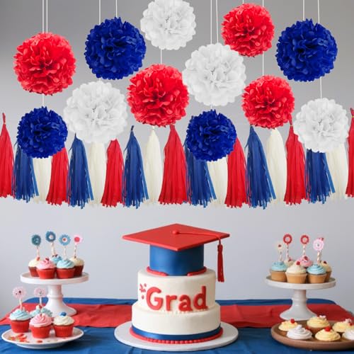 Red, Blue, and White Tissue Paper Tassel Garland - 15-Piece Patriotic Decor