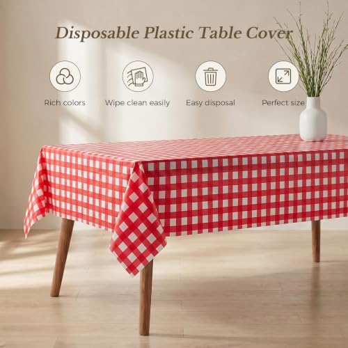 Goodluck 54 x 108 Inch Disposable Plastic Tablecloths - Red & White Gingham