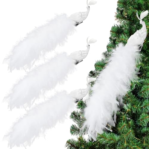 4 Pcs Peacock Christmas Tree Ornaments - Long Tail Feather Glitter Bird Decorations - Simple Style