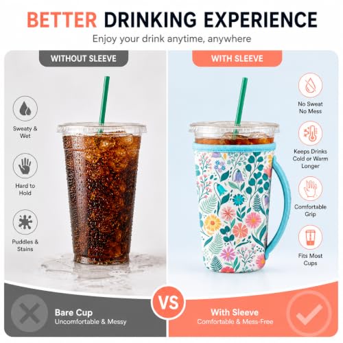 Reusable Iced Coffee Sleeves 3 Pack - Neoprene Insulated (White Flower Bush)