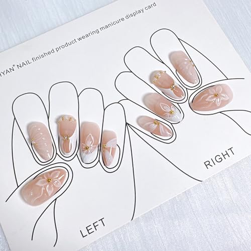 White French Tip Press on Nails Medium Almond with 3D Flowers