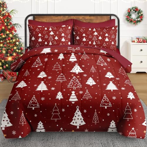 WeCozy King Christmas Tree Comforter Set with Sheets - Red Bedding, 7 Piece