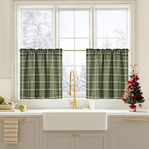 NICETOWN Gingham Blackout Curtains - Olive Green & White, 26"W x 24"L, Pack of 2 - Rod Pocket & Back Tab