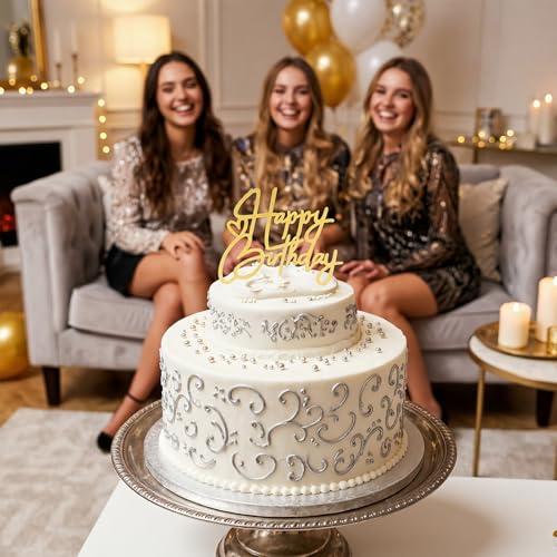 Gold Heart Happy Birthday Cake Topper - 4x3in Acrylic Sign