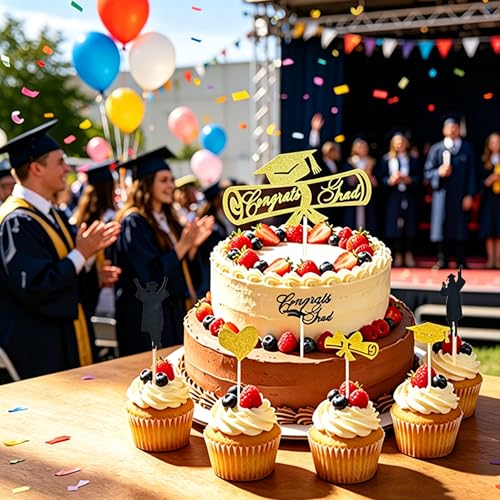 Gold Graduation Cake Toppers Set - 7PCS Congrats Grad Picks 2026