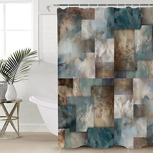 Teal Blue Brown Abstract Shower Curtain 72" x 72" Waterproof
