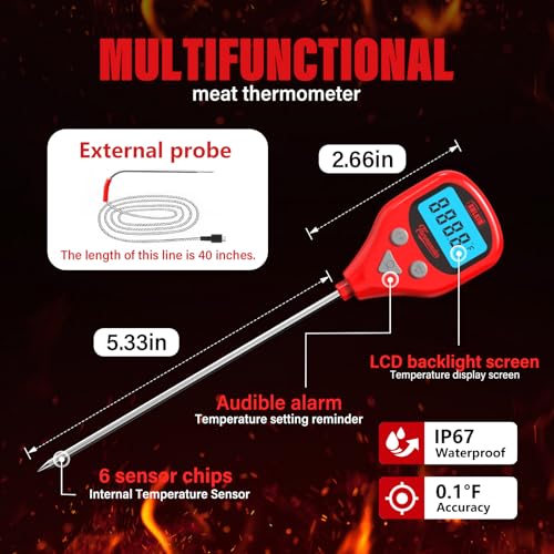 AWLKIM Digital Meat Thermometer with Dual Probes - Instant Read, USB-C Rechargeable, Waterproof for Grilling & BBQ
