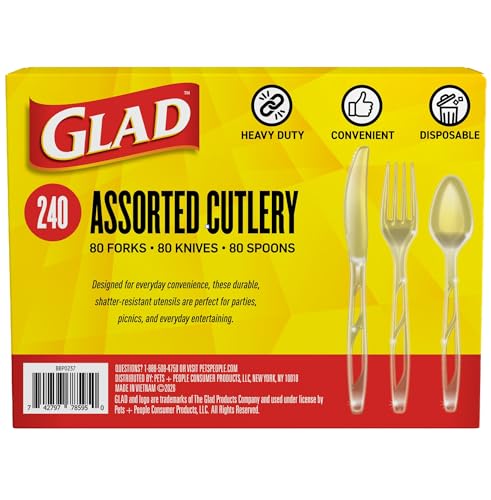 Glad Heavy Duty Disposable Cutlery Set, Clear Plastic Forks, Knives & Spoons - 240 Count