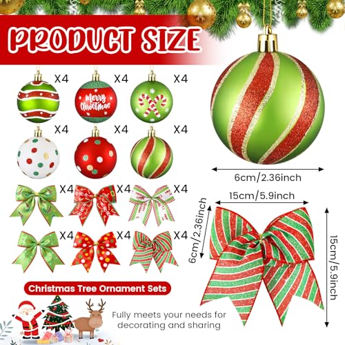 Christmas Tree Ornaments Set with Glittering Red and Green Balls and Bows - 48 Pieces