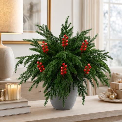 Christmas Norfolk Pine Stems with Red Berry Picks - Real Touch Greenery, 10 Pieces, Green Variation