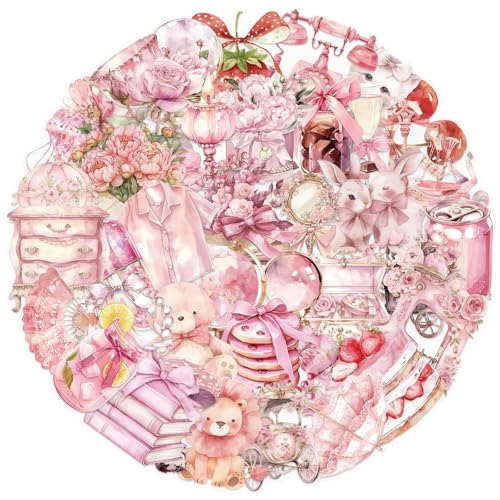 50 Waterproof Pink Aesthetic Stickers for Scrapbooking & Journaling