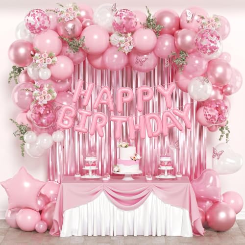 Pearl Pink Birthday Decorations Set with Foil Balloons and Banner