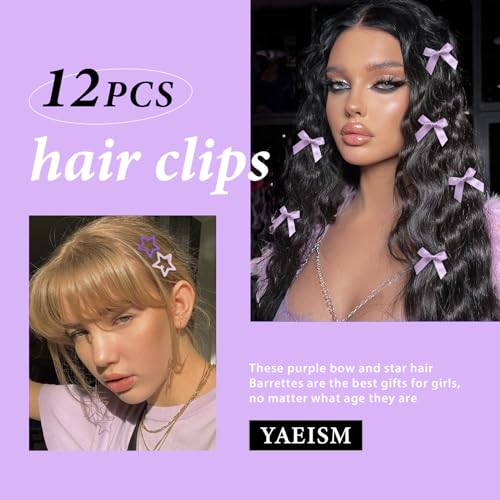 Purple Star and Satin Bow Hair Clips Set 12PCS Y2K Hair Accessories