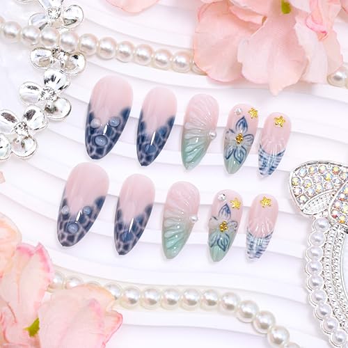 Medium Almond Press on Nails Blue Flower False Nails with Pearl Starfish Rhinestones Reusable Acrylic Nails