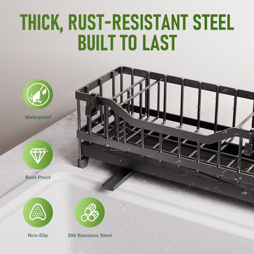 Black Sponge Holder for Kitchen Sink - Rustproof Stainless Steel Caddy