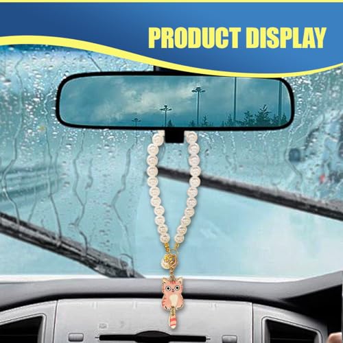 Deaelf Cute Cat Car Mirror Hanging Accessory with Pearl Chain Pink