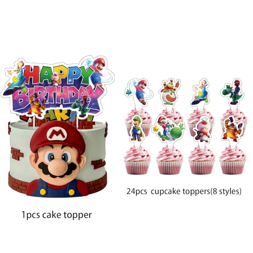 25Pcs Mario Themed Birthday Cake Decoration Set with Cupcake Toppers