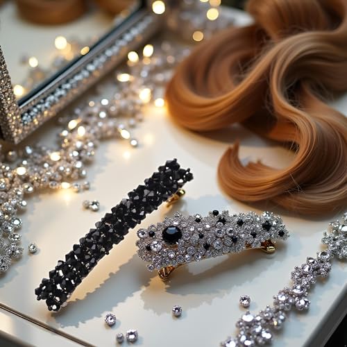 Black Rhinestone Hair Barrette Handmade Metal Alligator Styling Clip