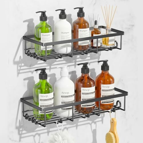 Oasiteege Large Adhesive Shower Caddy - 2 Pack Black Rustproof Wall Shelves