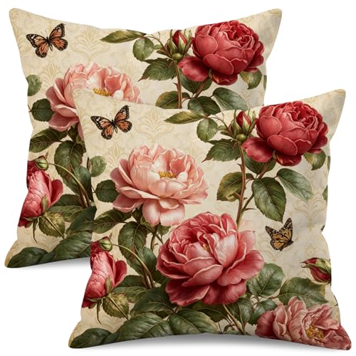 Romantic Rose & Butterfly Velvet Pillow Covers - 18x18 Inch