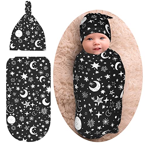 Moon Star Swaddle Blanket Set for Baby Boys & Girls - Soft Stretchy with Hat