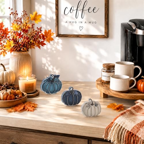 3-Piece Blue Wooden Pumpkin Tabletop Decor Set for Fall Harvest Home Styling