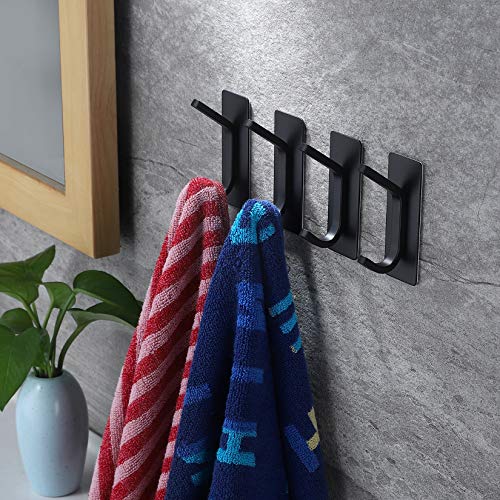 YIGII Black Adhesive Towel Hooks - Heavy Duty 4-Pack Stainless Steel