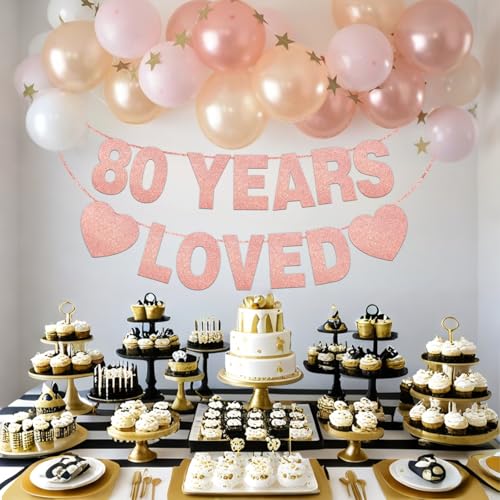 80 Years Loved Banner - Rose Gold Glitter 80th Birthday Party Decoration