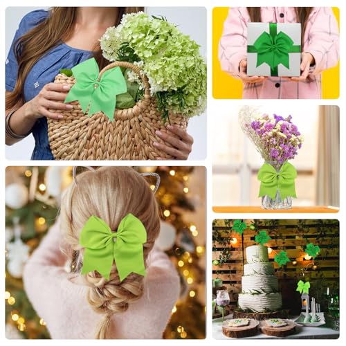 Large Green Cheering Hair Bows 8 Inch with Elastic Hair Ties (4 Pack)