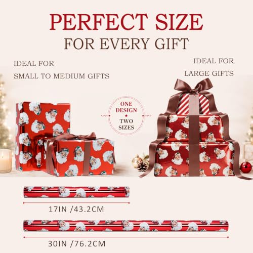 Christmas Wrapping Paper - Santa & Candy Cane Foil Design, 17 x 33 Feet - Classic Santa Variation