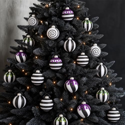 24 Black and White Halloween Ball Ornaments - Gothic Christmas Decorations