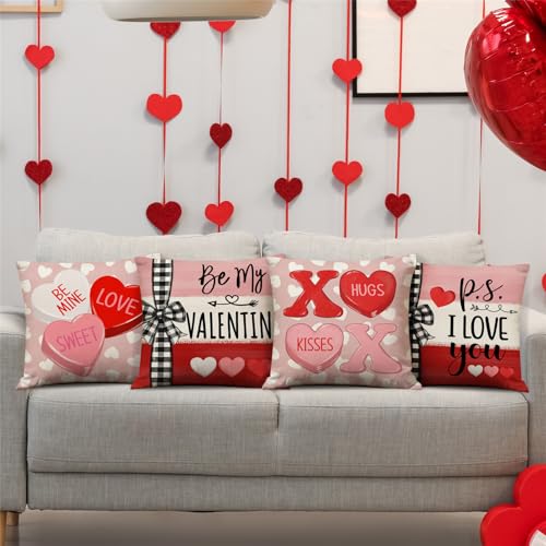 Valentine's Day Throw Pillow Covers 18x18 - Set of 4 Heart Candy Designs