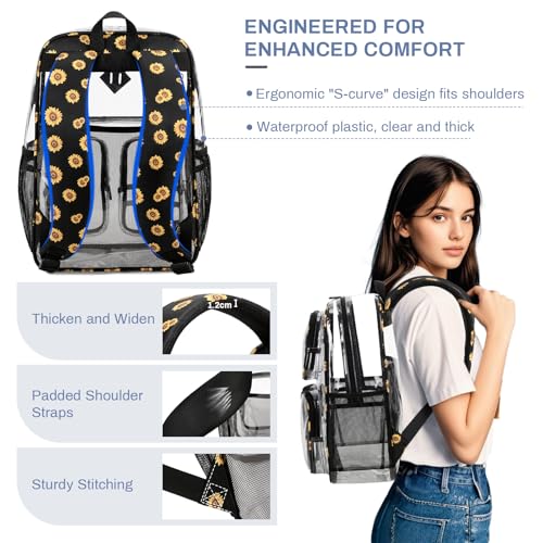 ASKSKY Heavy Duty Clear Backpack - Black Sunflower Transparent Bookbag