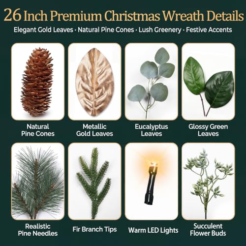 Magnolia 26 Inch Battery Operated Christmas Wreath with Lights - Prelit Cedar Door Decor