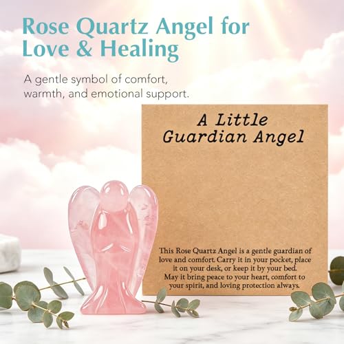 LIMGUVK Rose Quartz Angel Gift for Women, Mini Healing Crystal Keepsake - Small Guardian Decor for Desk & Bedside