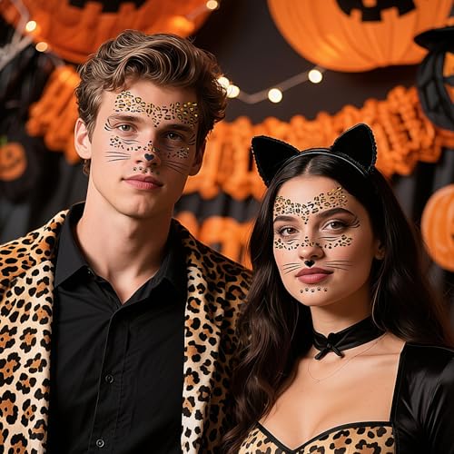Leopard Face Temporary Tattoos 2-Sheet Halloween Fake Tattoos for Kids and Adults